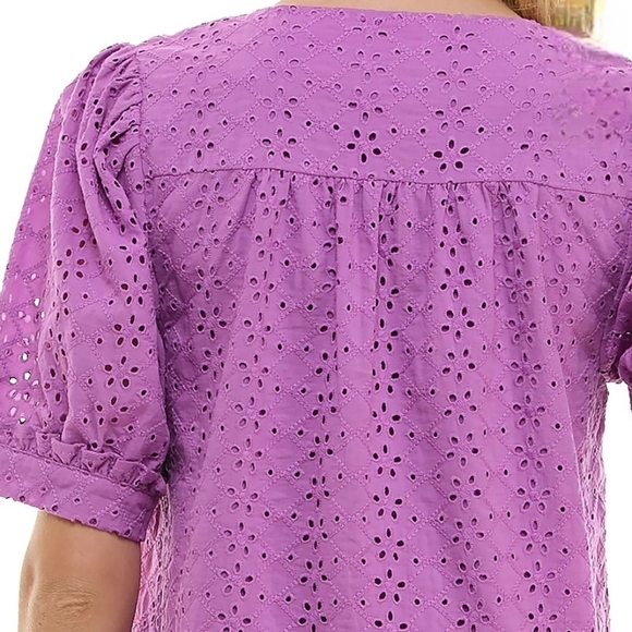 Draper James V-Neck Puff Short Sleeve Top Purple Eyelet XXL - Picture 5 of 12